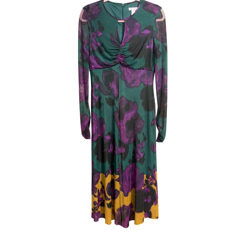 London Times Teal Purple Abstract Floral Mesh Midi‎ Dress Keyhole Ruched Size 8